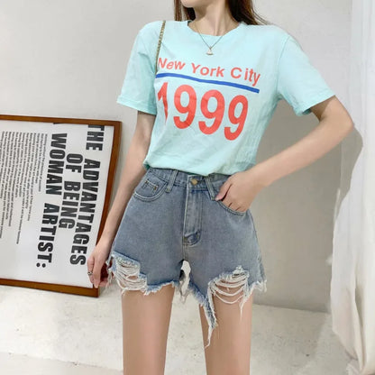 Amy Fashion - New Summer Casual Female Loose Fit High Waist Button Blue Denim Jean