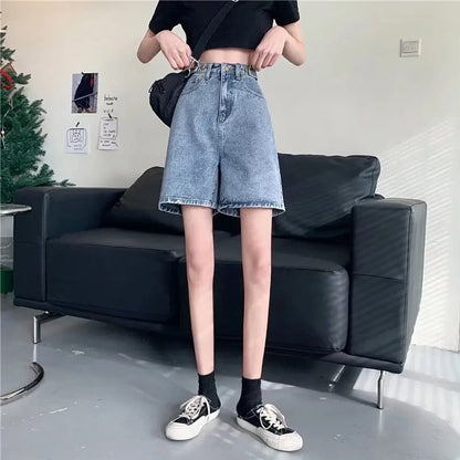 Amy Fashion - Streetwear Summer Half High-Waisted Belted Loose Female Short Fashion Jean