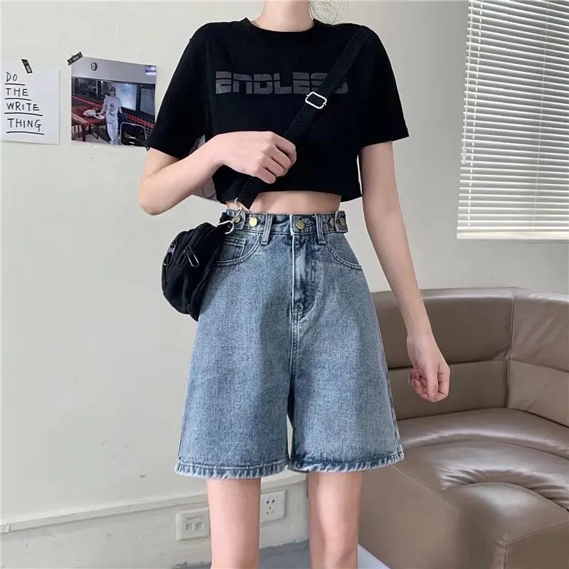 Amy Fashion - Streetwear Summer Half High-Waisted Belted Loose Female Short Fashion Jean