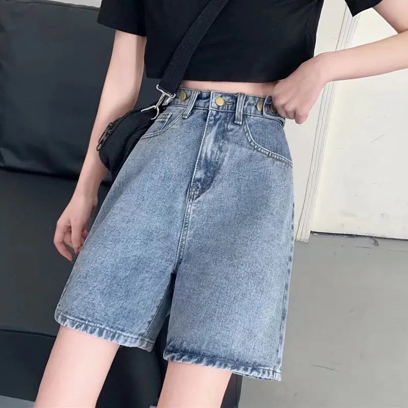 Amy Fashion - Streetwear Summer Half High-Waisted Belted Loose Female Short Fashion Jean