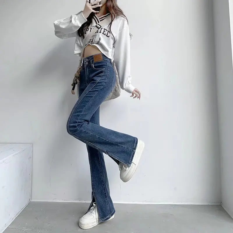 Amy Fashion - Feynzz's Split Spring And Autumn New High-waisted Slim Fit Micro-trumpet Trendy Women's Jean