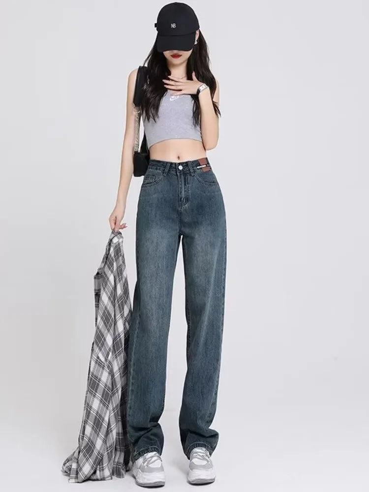 Amy Fashion - Spring and Autumn New Korean Version High-Waisted Slimming Retro Straight Jean