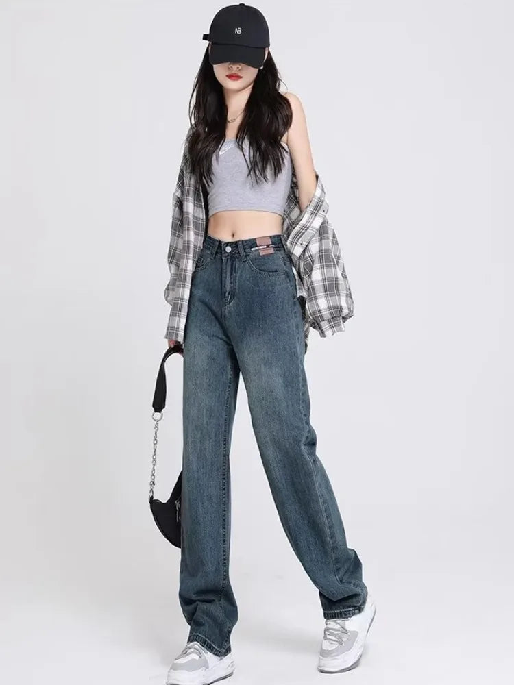 Amy Fashion - Spring and Autumn New Korean Version High-Waisted Slimming Retro Straight Jean