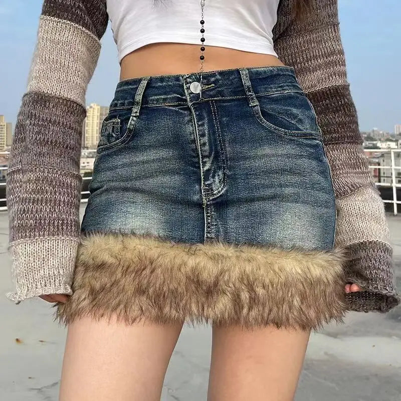 Fur Patchwork American Retro Sexy High Waist Mini Y2K Casual Streetwear A-Line Skirt