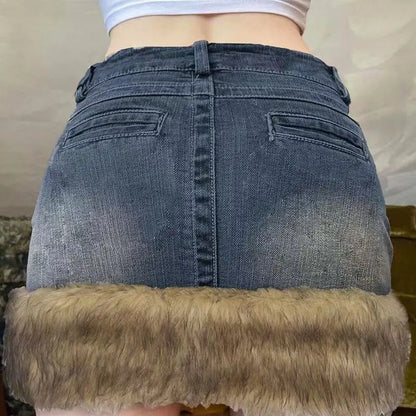 Fur Patchwork American Retro Sexy High Waist Mini Y2K Casual Streetwear A-Line Skirt