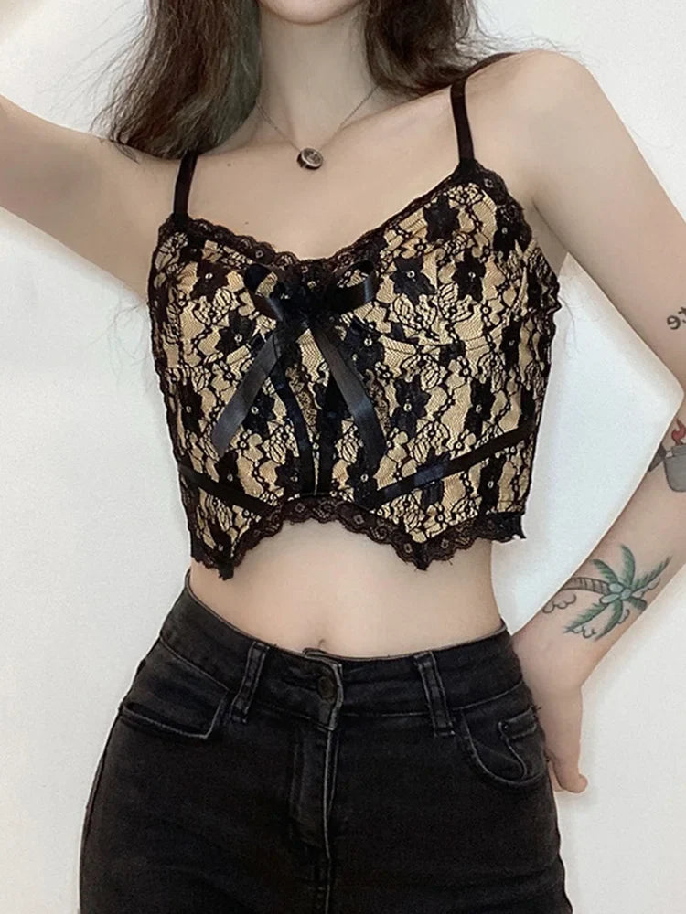 Neck V Lace Girl Double Dark Academia Top E Sexy Aesthetic Crop Layer