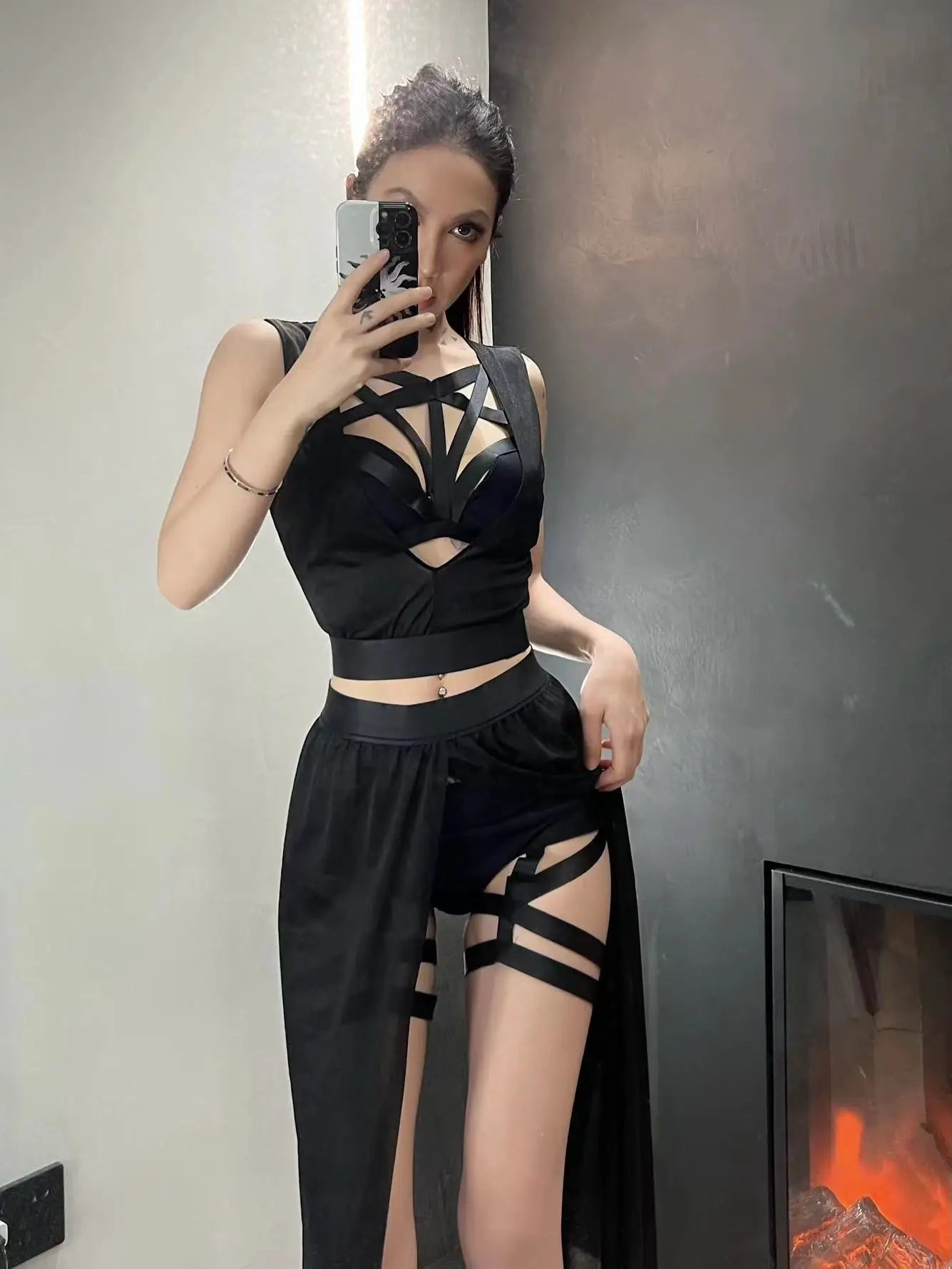 Goth Club Mesh Sexy Black Corsets Skirt Set Women Sleeveless Bra Bandage Slit Skirt Crop Top