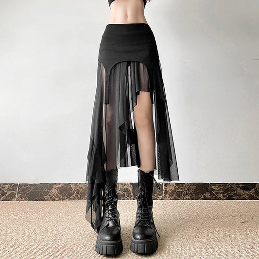 Streetwear Irregular Cyber Mesh Y2K Fashion Hem Alt Goth Patchwork Skirt Mid Harajuku Club