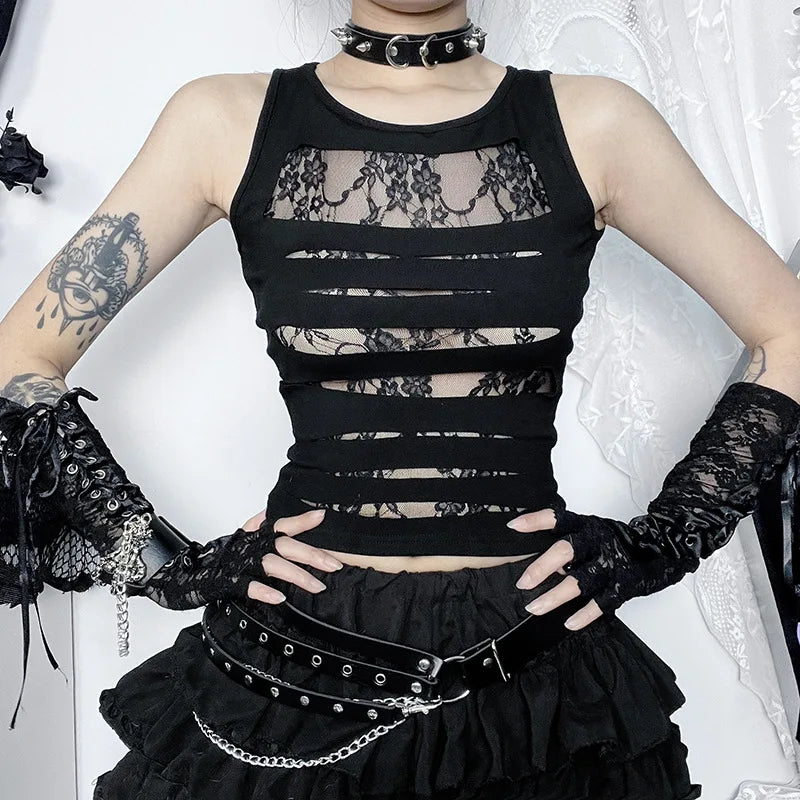 Crop Splice Cut Grunge Punk Lace Out Sexy Bodycon Top Dark Gothic Mall Techwear