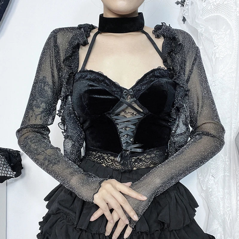 Dark Fairycore Glitter Elegant Thin Gothic See-through Ruched Crop Alternative Cardigan