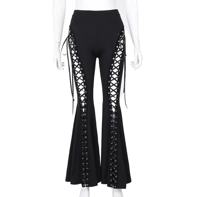 Flare Hollow Grunge Pants Goth Bandage Streetwear Black Dark Pants