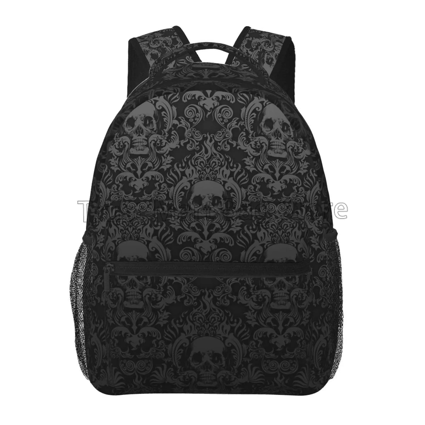 Goth Unisex Daypack Casual Pattern Bag Skull Damask Travel Black