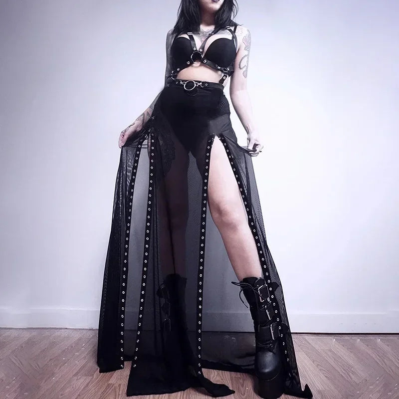 Dark Side Up Aesthetical Mesh Slit Goth Lace Perspective Summer Skirt