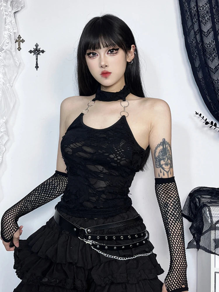 Vintage Cyberpunk Y2K Sexy Backless Harajuku O-neck Bodycon Halter Crop Top