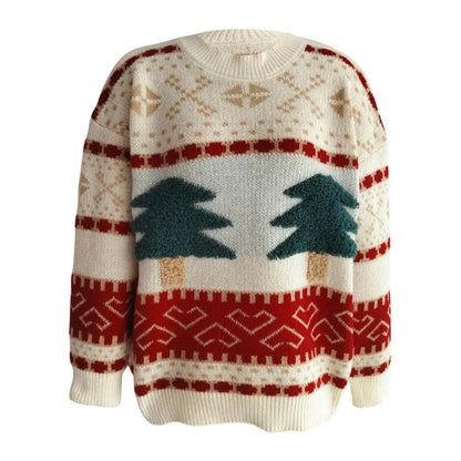 Green Christmas Sweater with Tree Embroidery - Casual Loose Retro Style