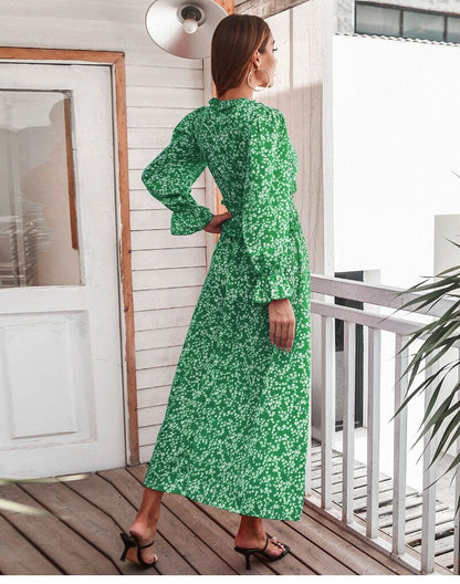 Amy Fashion - Slim High Waist V Neck Flare Sleeve Floral Maxi Dresses