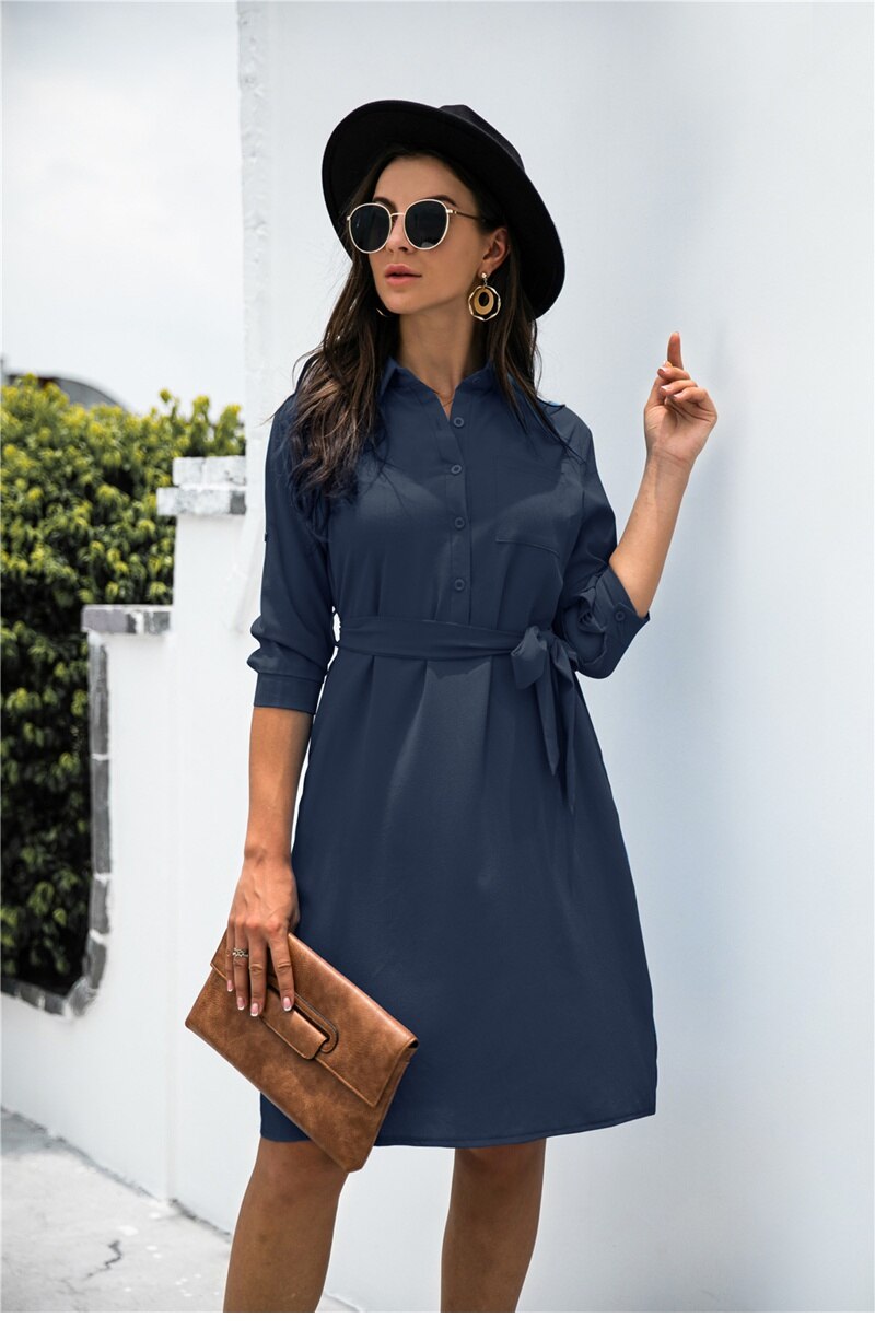 Amy Fashion - Solid Color Button Lapel Sleeve Shirt Dress