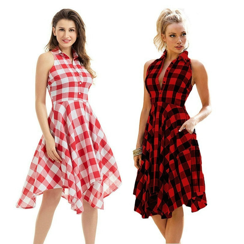 Amy Fashion - Plaid Pleated Office Casual Long Beach Party Dress