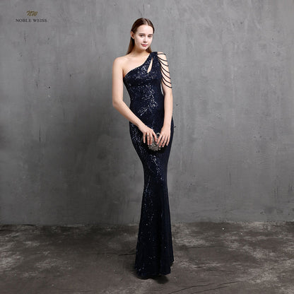 Amy Fashion - One-Shoulder Floor-Length Mermaid Sequined Evening Dress