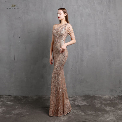 Amy Fashion - One-Shoulder Floor-Length Mermaid Sequined Evening Dress