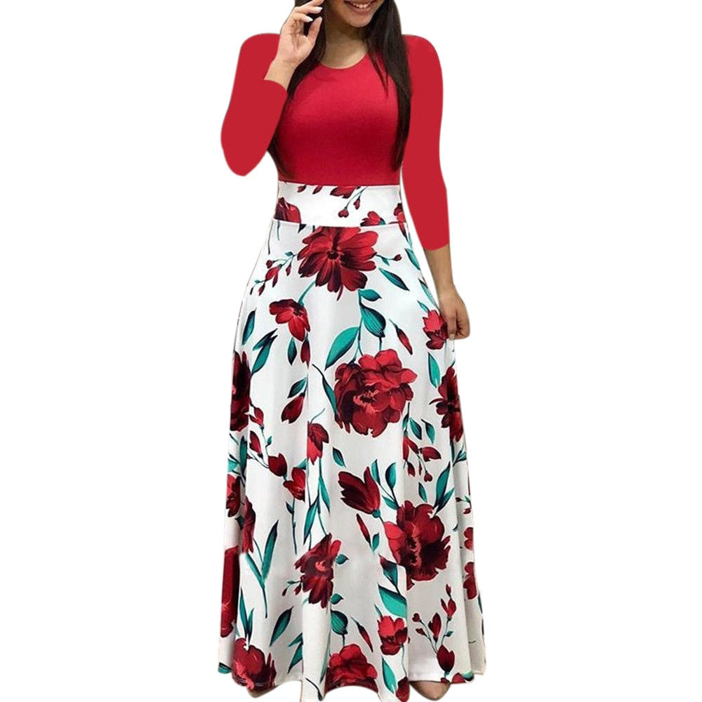 Amy Fashion - Polka Dot Long Sleeve Print Patchwork Long Maxi Dress