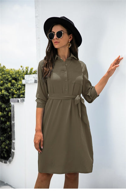 Amy Fashion - Solid Color Button Lapel Sleeve Shirt Dress