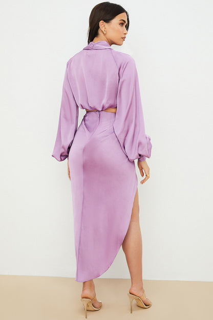 Amy Fashion - Satin High Split Puff Sleeve Women Two Piece Dress