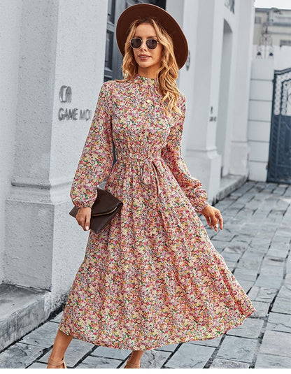 Amy Fashion - Autumn Winter Half High Collar Floral Dress