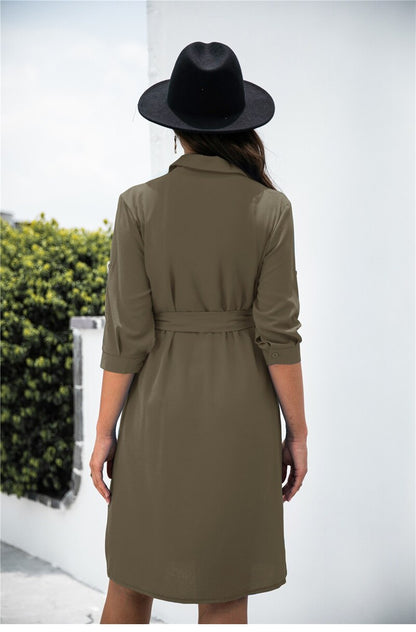 Amy Fashion - Solid Color Button Lapel Sleeve Shirt Dress