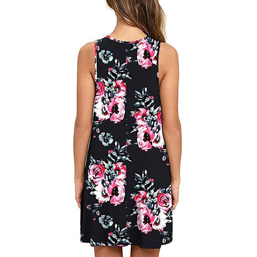 Amy Fashion - Floral Print Medium Casual Cover Up Plain Tank Dress