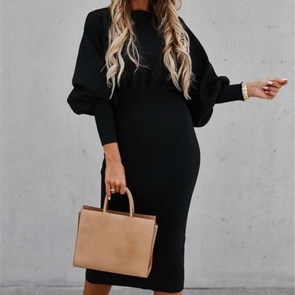 Amy Fashion - Tight High Waist Elegant Long Lantern Sleeve O-Neck Dress