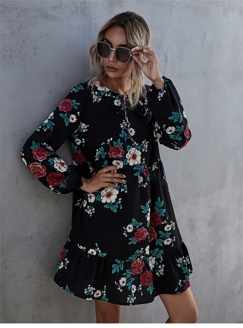 Amy Fashion - Casual O-neck Full Sleeve High Waist Floral Dress