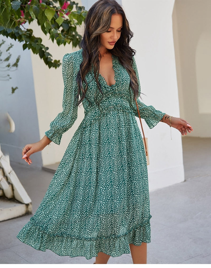 Amy Fashion - Butterfly Sleeve High Waist Casual Print Dresses