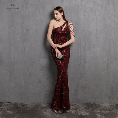 Amy Fashion - One-Shoulder Floor-Length Mermaid Sequined Evening Dress