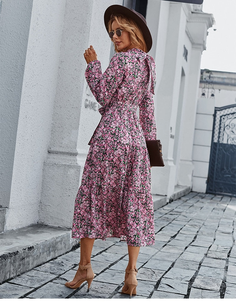 Amy Fashion - Autumn Winter Half High Collar Floral Dress