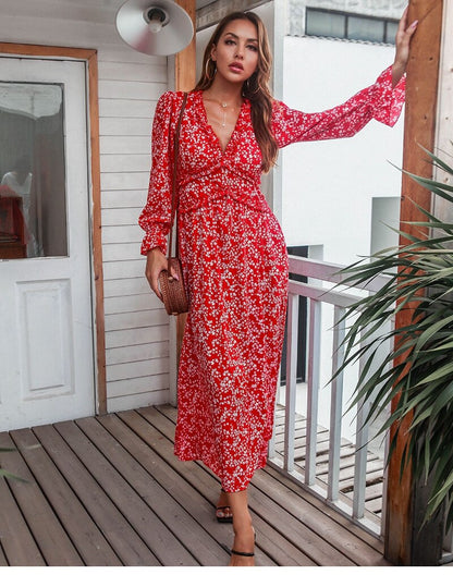 Amy Fashion - Slim High Waist V Neck Flare Sleeve Floral Maxi Dresses