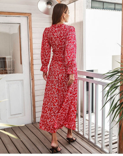 Amy Fashion - Slim High Waist V Neck Flare Sleeve Floral Maxi Dresses