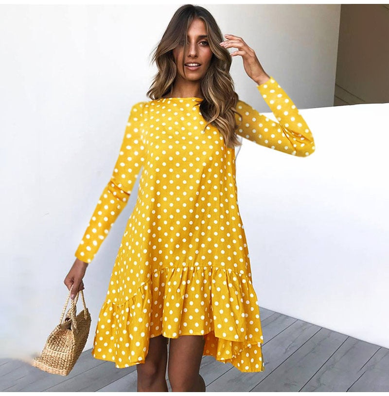 Amy Fashion - Fashion Polka Dot Chiffon Long Sleeve O Neck Ruffle Dress