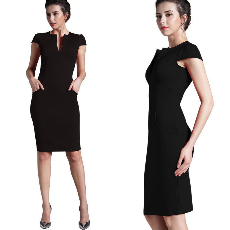 Amy Fashion - Solid Deep V neck Zipper Back Formal Stretch Pencil Dress