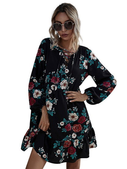 Amy Fashion - Casual O-neck Full Sleeve High Waist Floral Dress