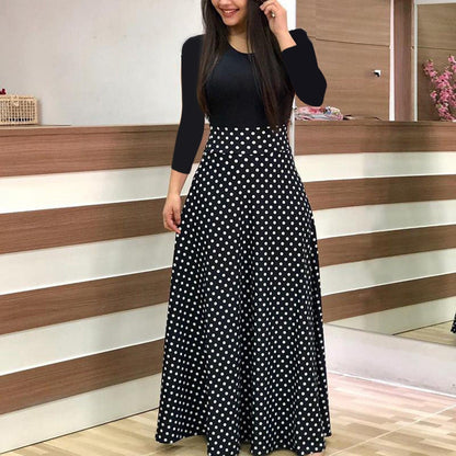 Amy Fashion - Polka Dot Long Sleeve Print Patchwork Long Maxi Dress