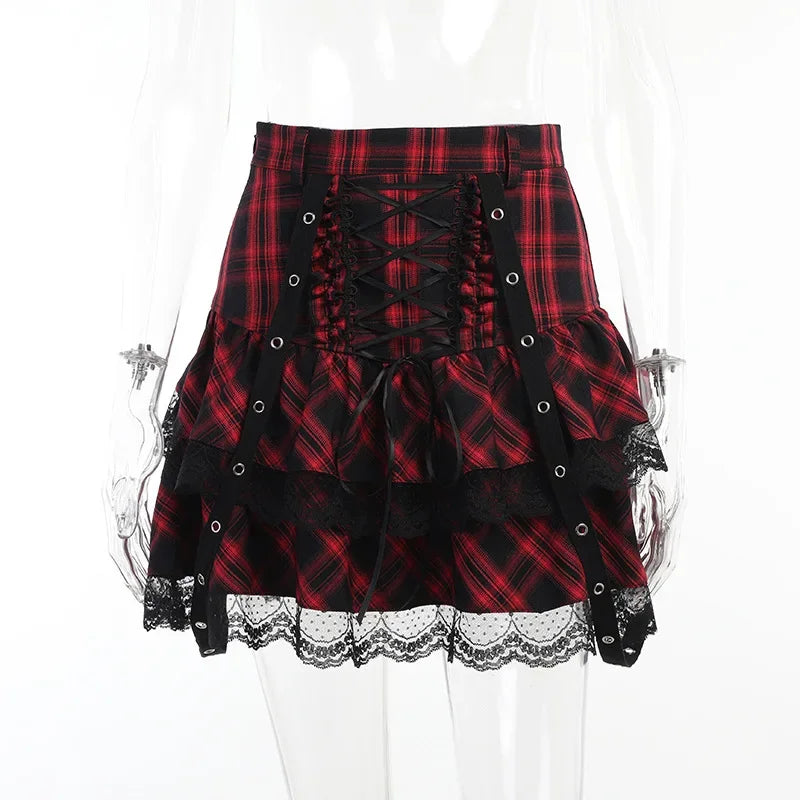 Fashion Harajuku Plaided Skirt High Sets Mini Girl Streetwear Waist Lolita Gothic Japanese Plaid