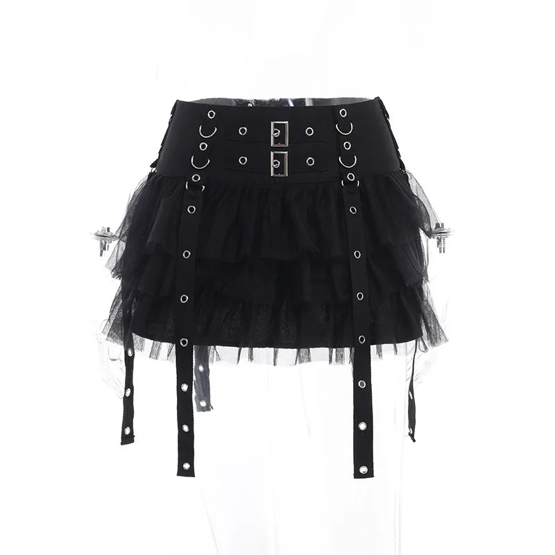 Skirt Ribbons Gothic Dark Cake Harajuku CyberY2k Hop Hip Mesh Eyelet Women E-girl Patchwork Streetwear