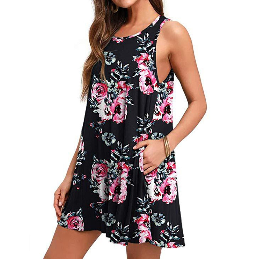 Amy Fashion - Floral Print Medium Casual Cover Up Plain Tank Dress