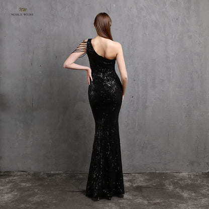 Amy Fashion - One-Shoulder Floor-Length Mermaid Sequined Evening Dress