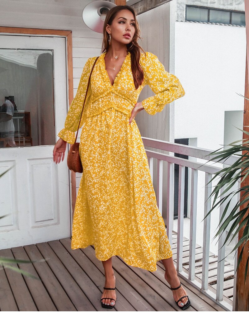 Amy Fashion - Slim High Waist V Neck Flare Sleeve Floral Maxi Dresses