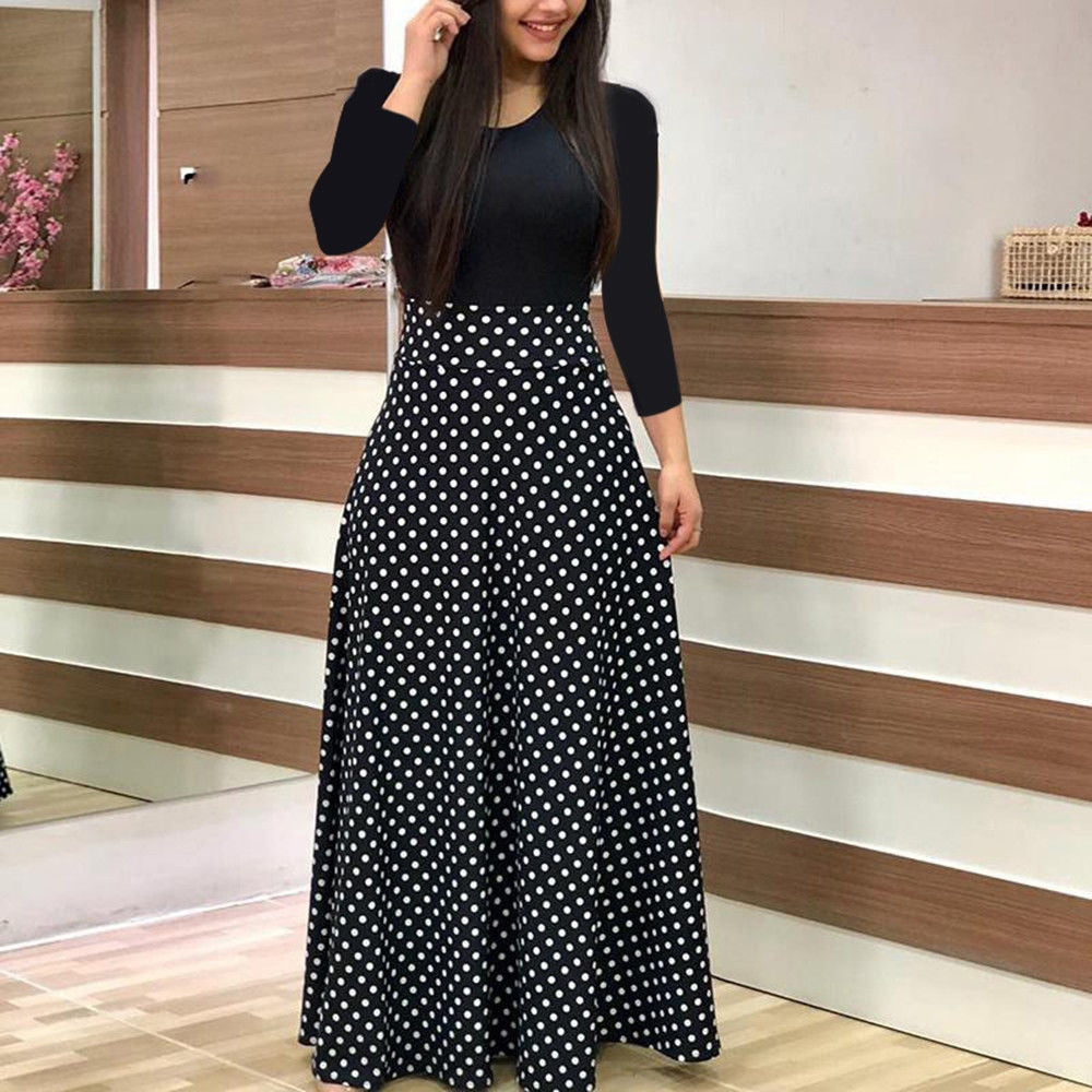 Amy Fashion - Polka Dot Long Sleeve Print Patchwork Long Maxi Dress