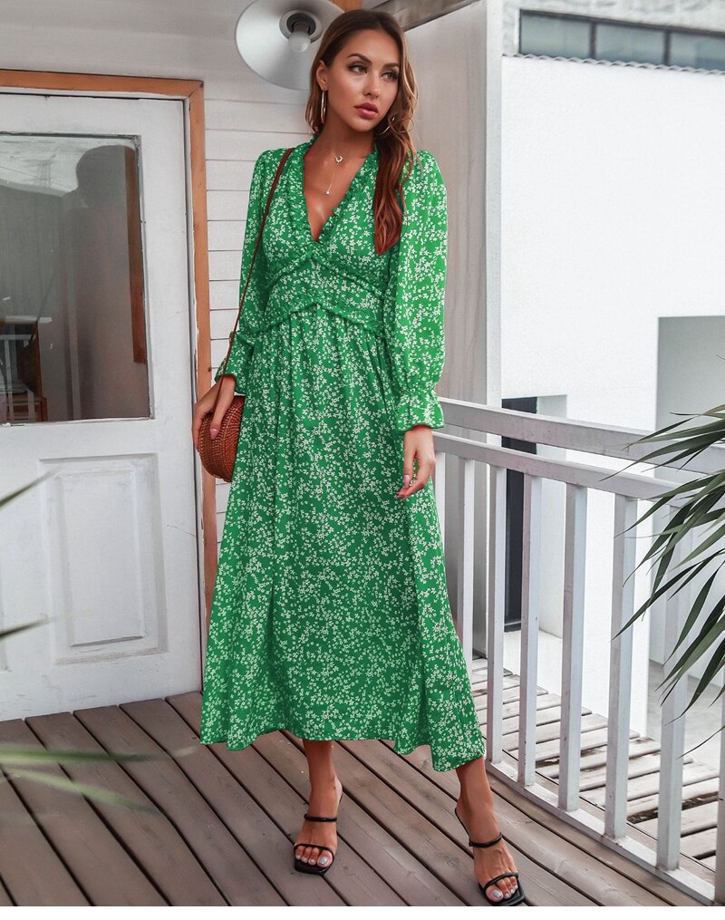 Amy Fashion - Slim High Waist V Neck Flare Sleeve Floral Maxi Dresses