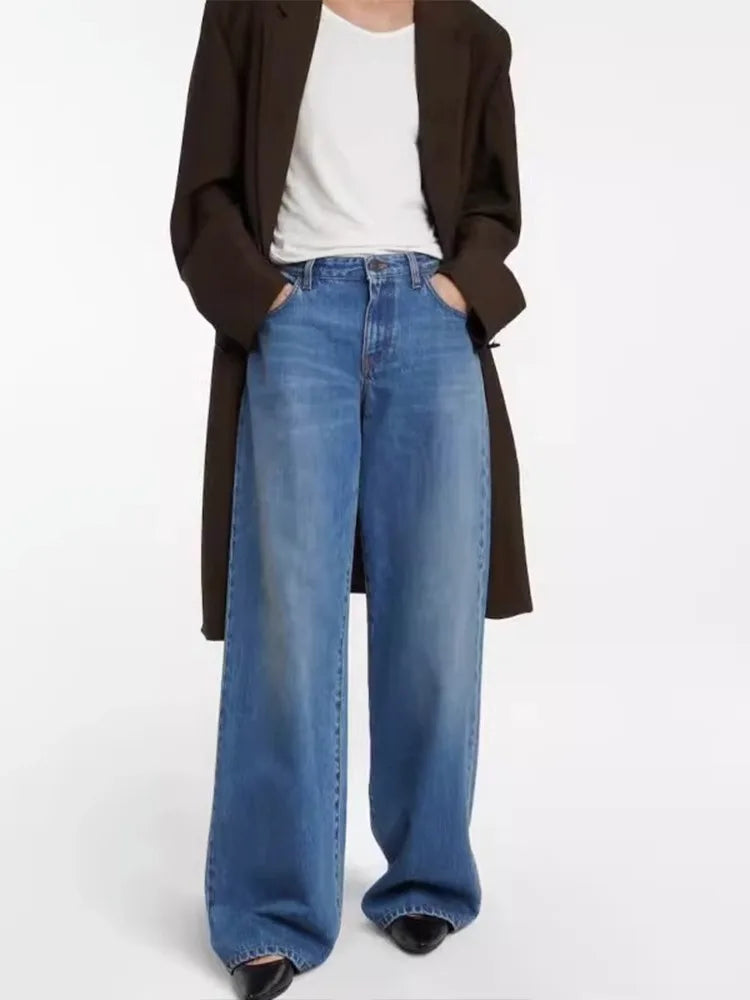 Amy Fashion - High Quality Autumn New Floor-length Denim High-waisted Minimalist Style Loose Wide-leg Jean