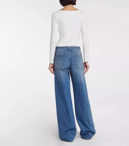 Amy Fashion - High Quality Autumn New Floor-length Denim High-waisted Minimalist Style Loose Wide-leg Jean